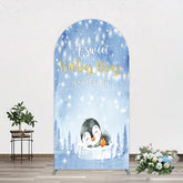Lofaris Winter Snowy Blue Penguin Baby Shower Arch Backdrop